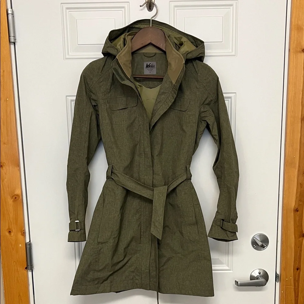 REI Olive Rain Coat with Hood - Picture 1 of 5